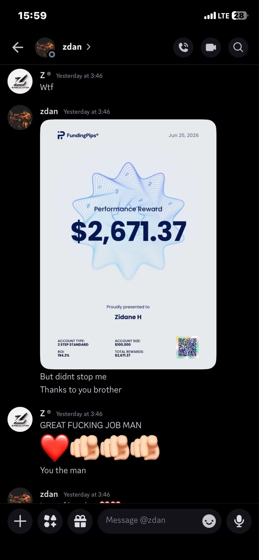 Student Zdan + $2671,37 · Payout
